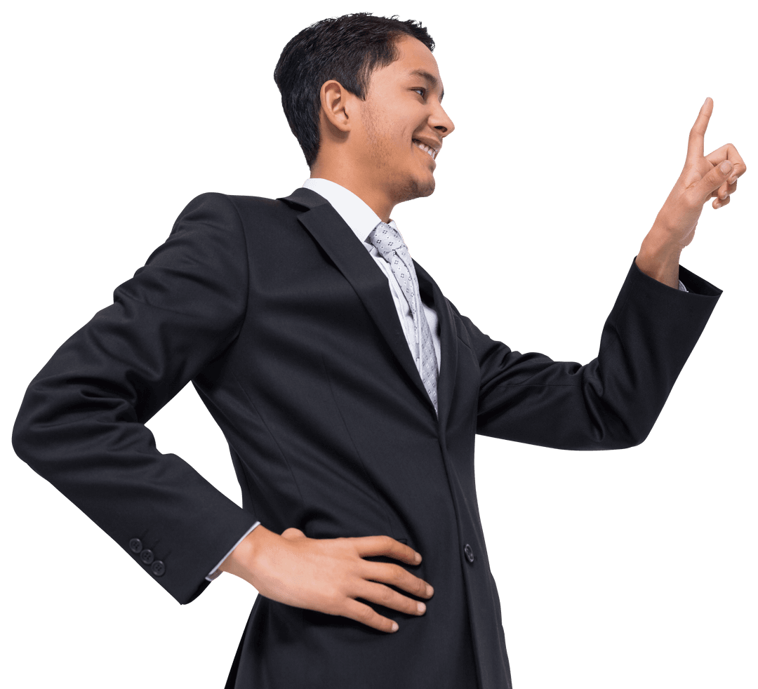 Biracial Businessman in Suit Using Virtual Touchscreen on Transparent Background