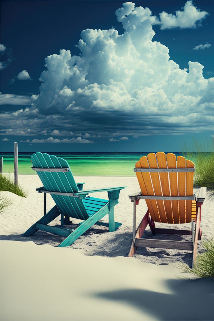 Colorful Empty Adirondack Chairs on White Sand Beach - Free Images, Stock Photos and Pictures on Pikwizard.com