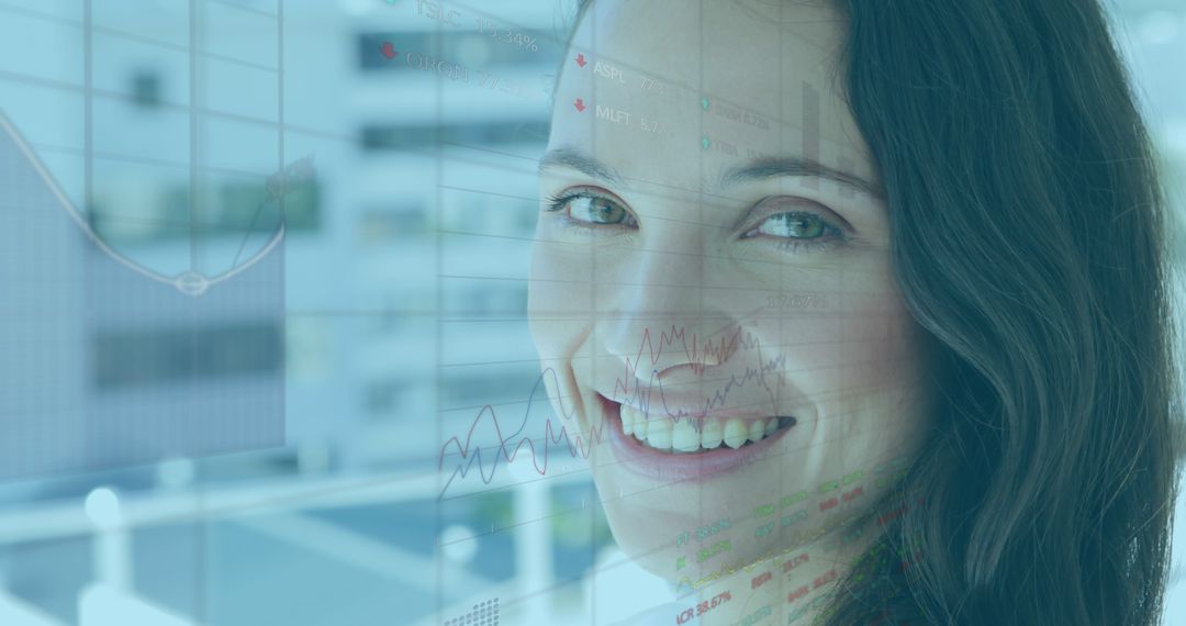 Caucasian Female Consultant with Financial Charts in Background