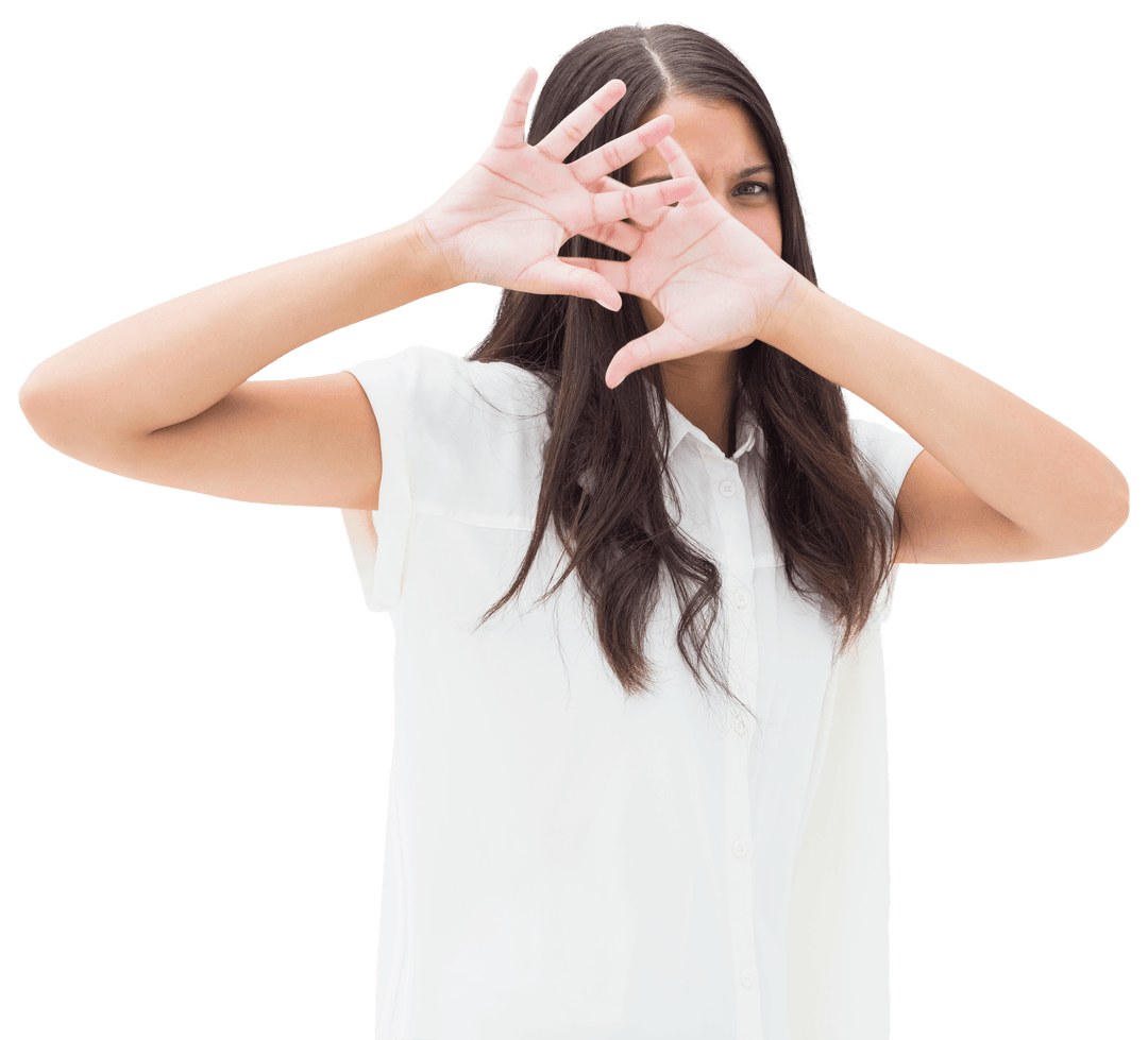 Transparent Woman Covering Face in Fear Gesture