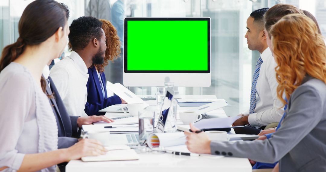 Diverse Office Team Having Business Meeting with Green Screen Monitor - Free Images, Stock Photos and Pictures on Pikwizard.com