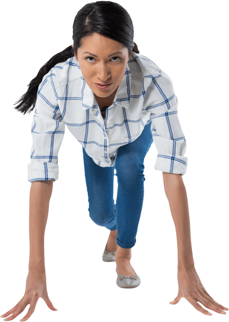 Transparent Woman in Running Stance Wearing Plaid Shirt