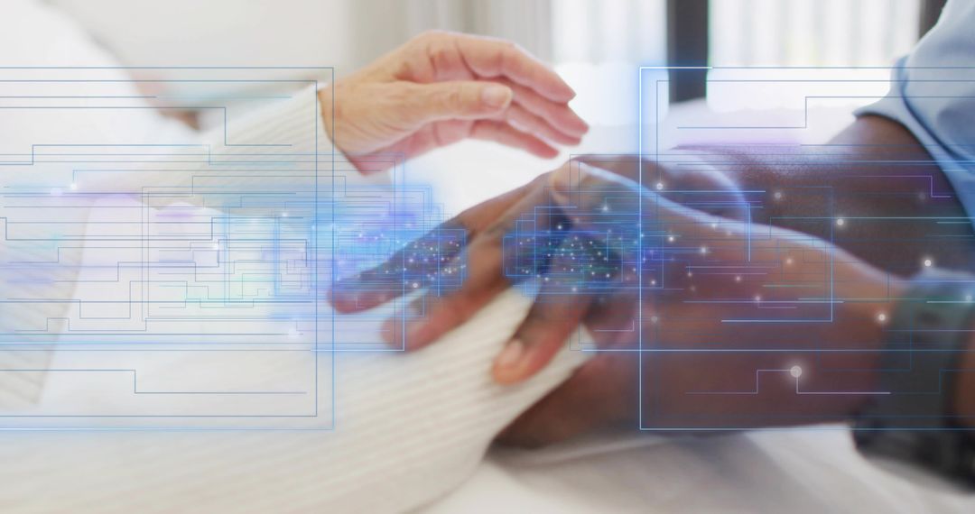 Caregiver holding senior hand while exchanging digital health data with circuit overlay