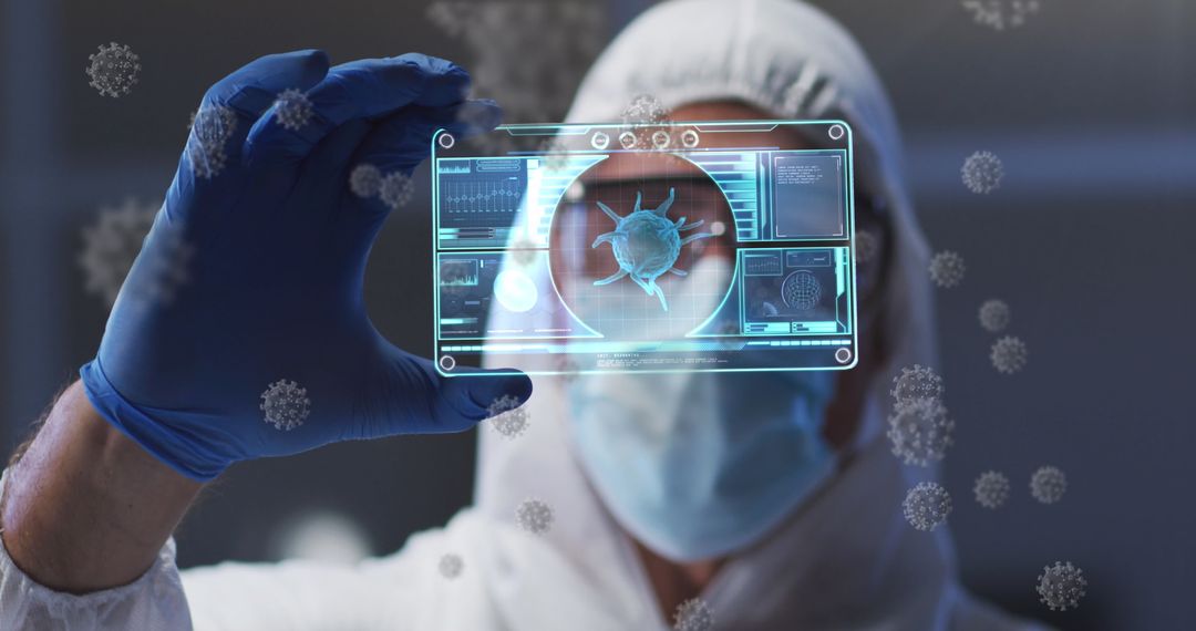 Futuristic Doctor Analyzing Digital Virus Interface in Protective Gear
