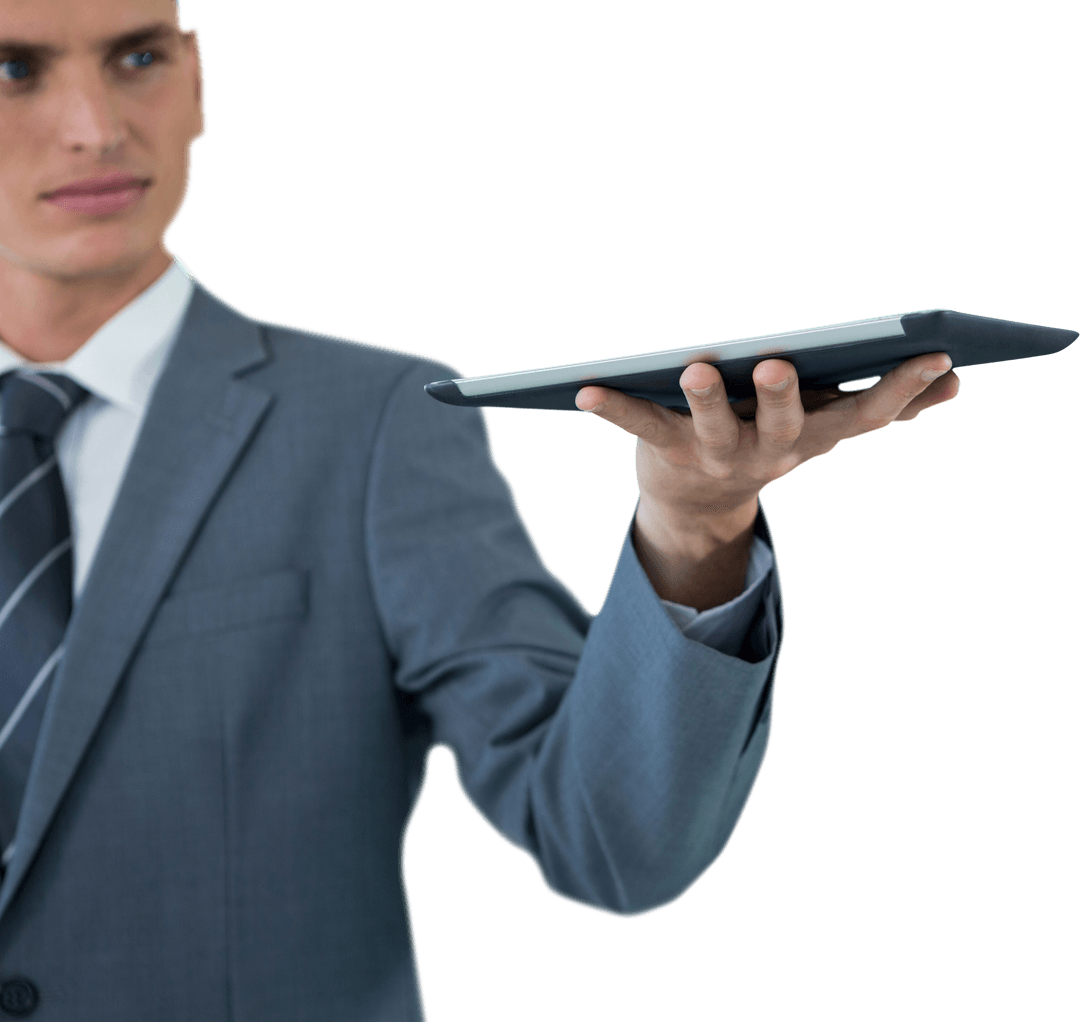 Businessman Holding Tablet with Confident Gesture on Transparent Background
