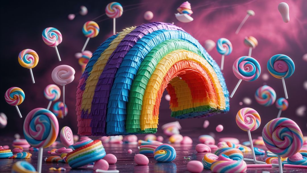 Floating Rainbow Piñata with Lollipops and Candies in Surreal Setting