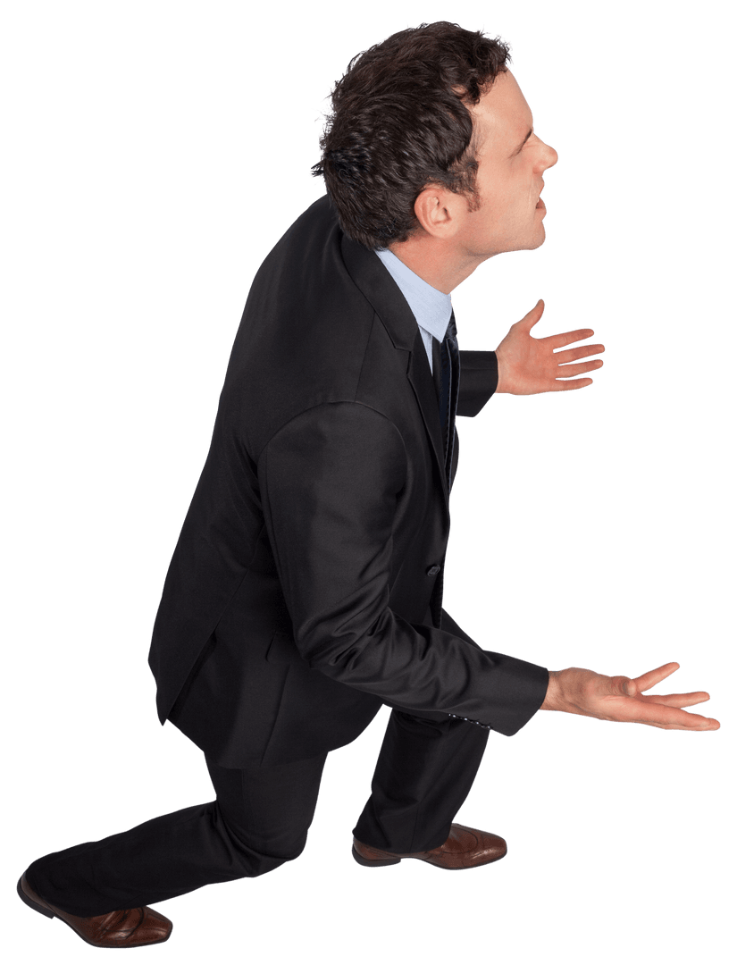 Transparent Businessman Kneeling Arms Open Confused Gesture