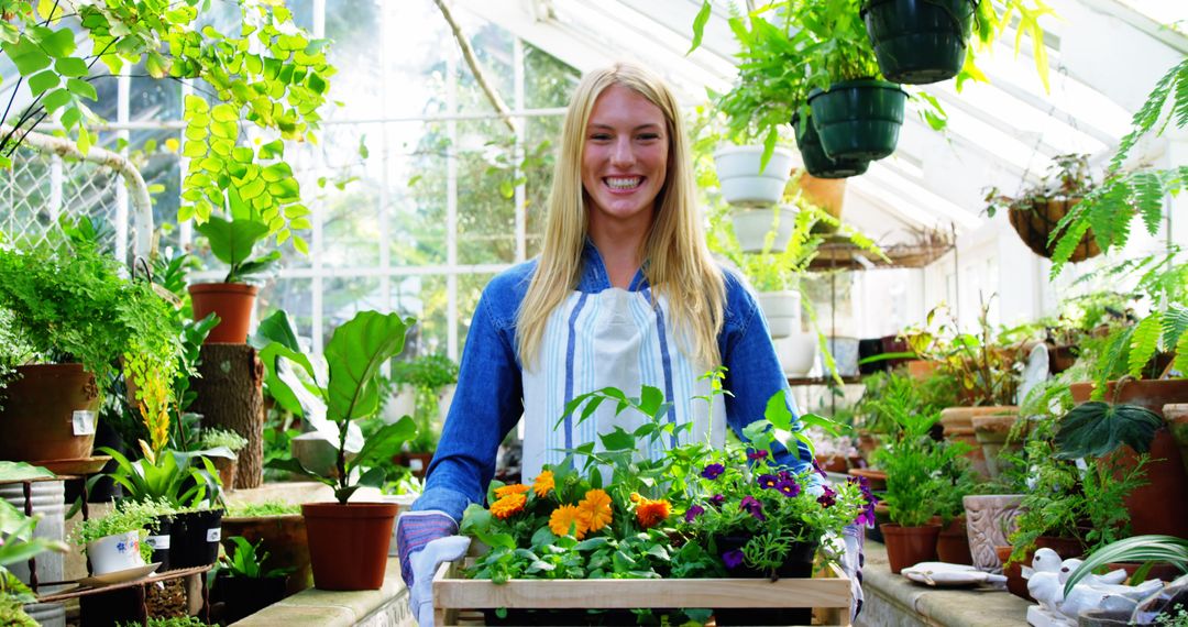 Smiling Woman in Greenhouse Holding Tray of Blossoming Flowers - Free Images, Stock Photos and Pictures on Pikwizard.com