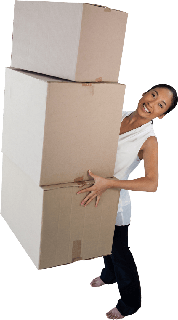 Smiling Woman Carrying Several Large Cardboard Boxes Transparent