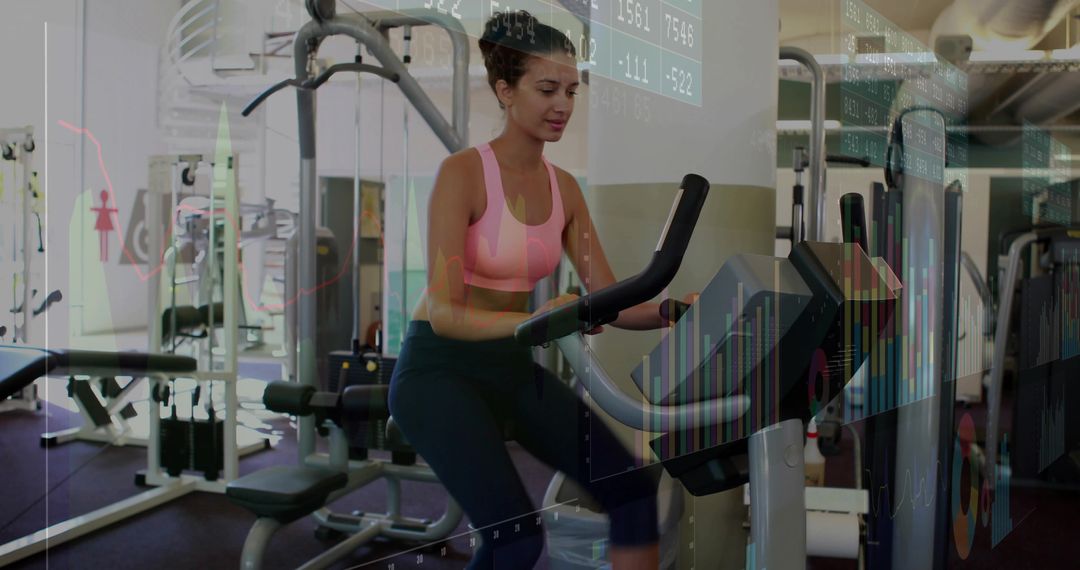 Woman in Pink Activewear Exercising with Financial Chart Overlay