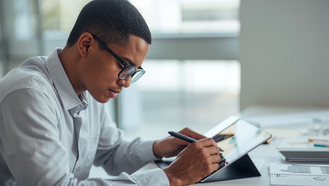 Young Professional Man Drawing Digitally Using Tablet and Stylus at Office Desk