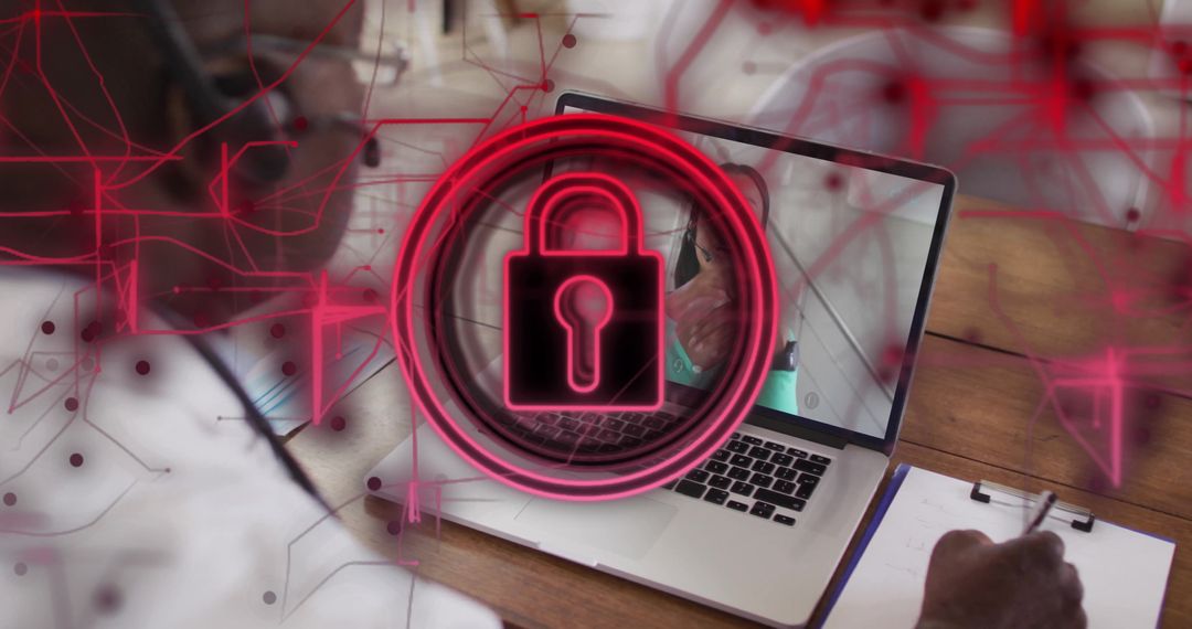 Cybersecurity in Remote Work with Laptop and Padlock Overlay