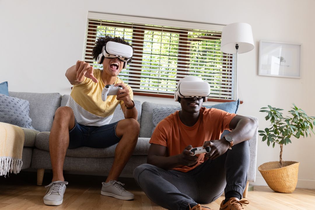 Diverse Friends Gaming in Living Room with VR Technology and Controllers