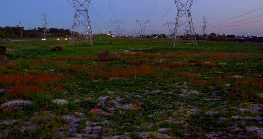 High Voltage Transmission Towers at Dusk in Meadow
