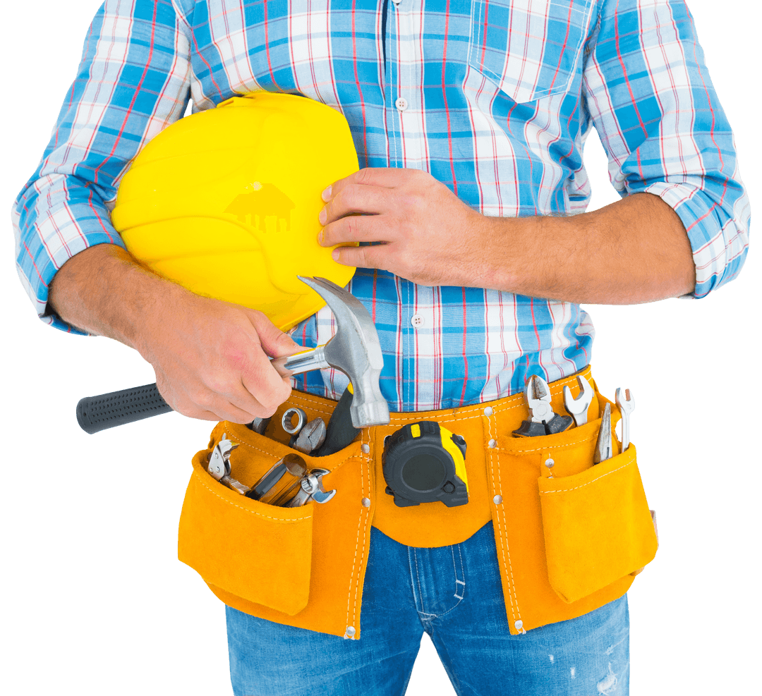 Midsection of Construction Worker with Tools and Helmet on Transparent Background