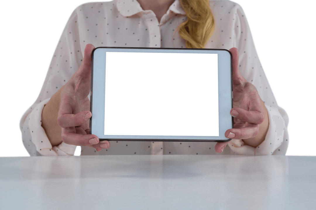 Transparent Tablet Screen Displayed by Woman in Polka Dot Shirt