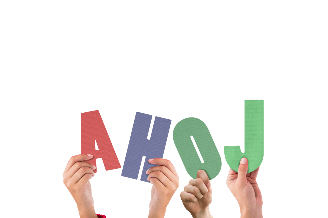 Hands Holding Letters Forming AHOJ on Transparent Background