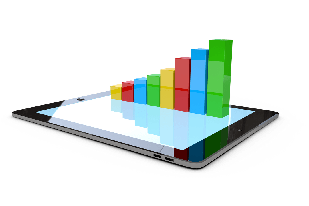 Transparent Tablet Displaying Colorful 3D Bar Graph Illustration