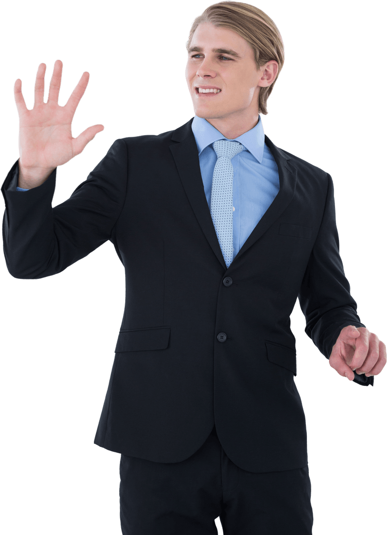 Transparent Screen Interaction by Smiling Young Businessman