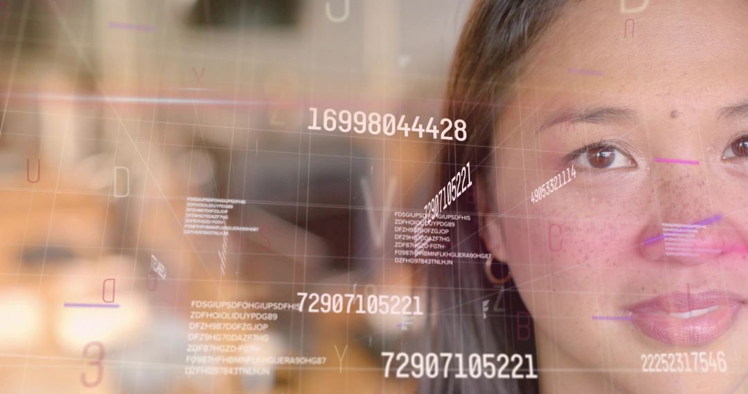 Asian Woman Analyzing Digital Data with Futuristic Interface