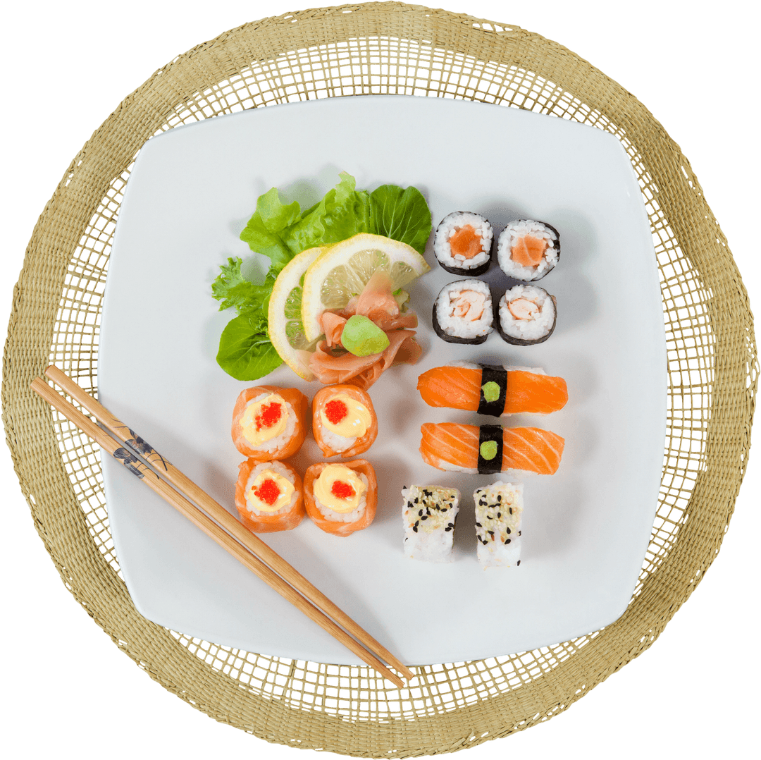 Transparent Sushi Platter with Chopsticks and Fresh Garnish