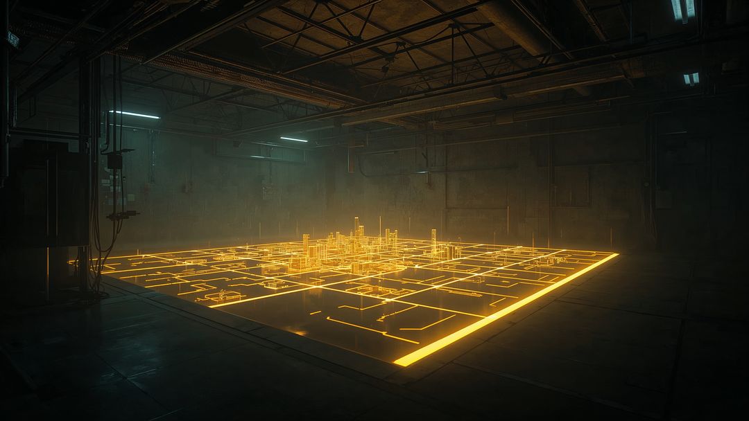 Futuristic Illuminated Grid City in Industrial Setting