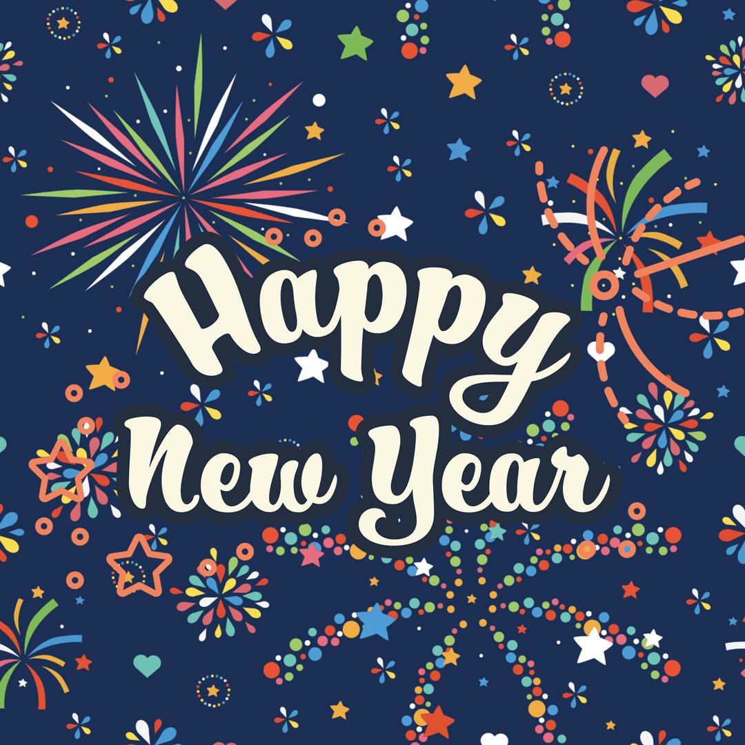 Happy New Year with Vibrant Fireworks and Festive Elements