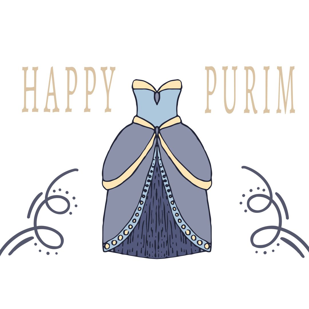 Happy purim text in brown with blue dress and decoration on white background - Download Free Stock Templates Pikwizard.com