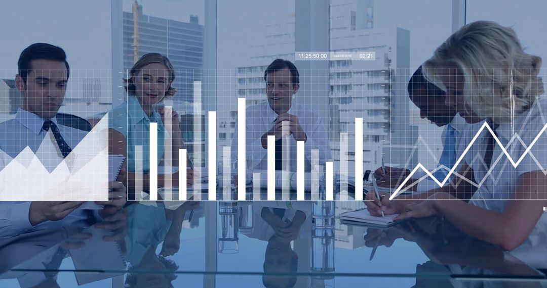 Diverse Business Team Engaged in Data Analysis with Global Interface