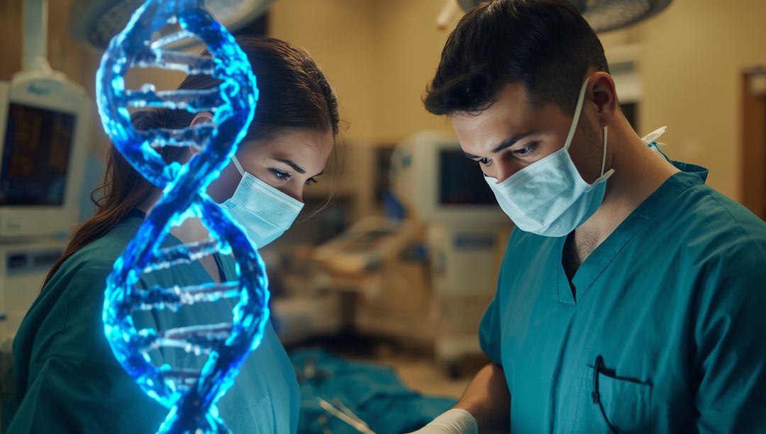 Surgeons Analyzing Futuristic DNA Helix in Operating Room
