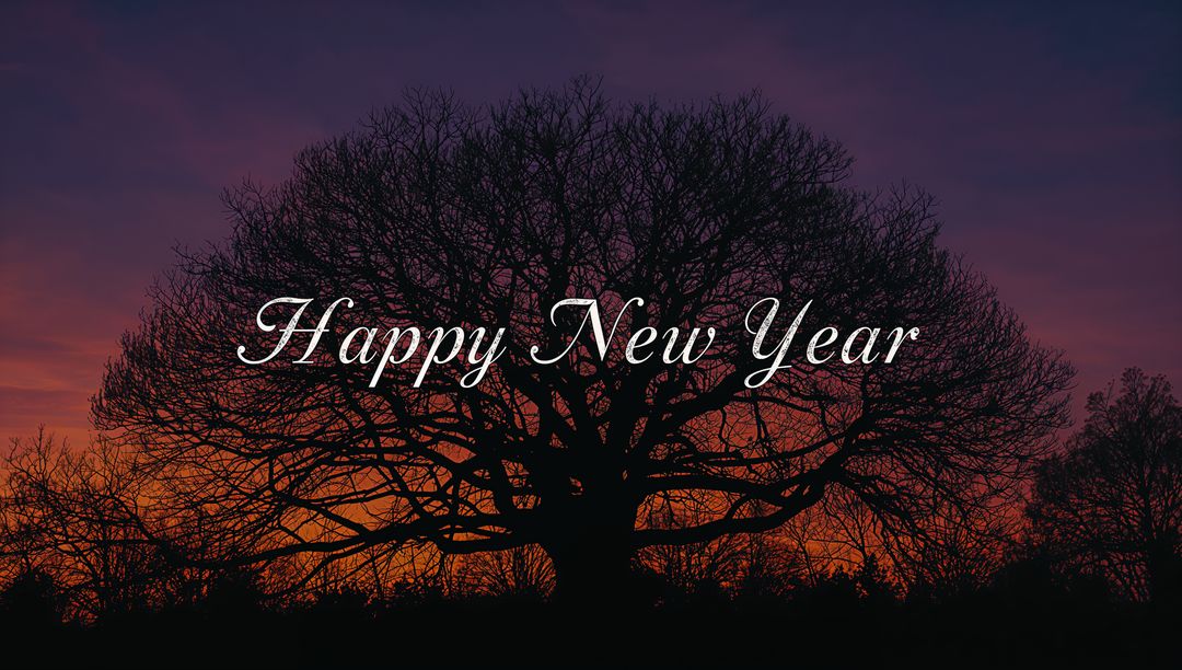 Dramatic Oak Silhouette at Twilight with Elegant Happy New Year Calligraphy Overlay