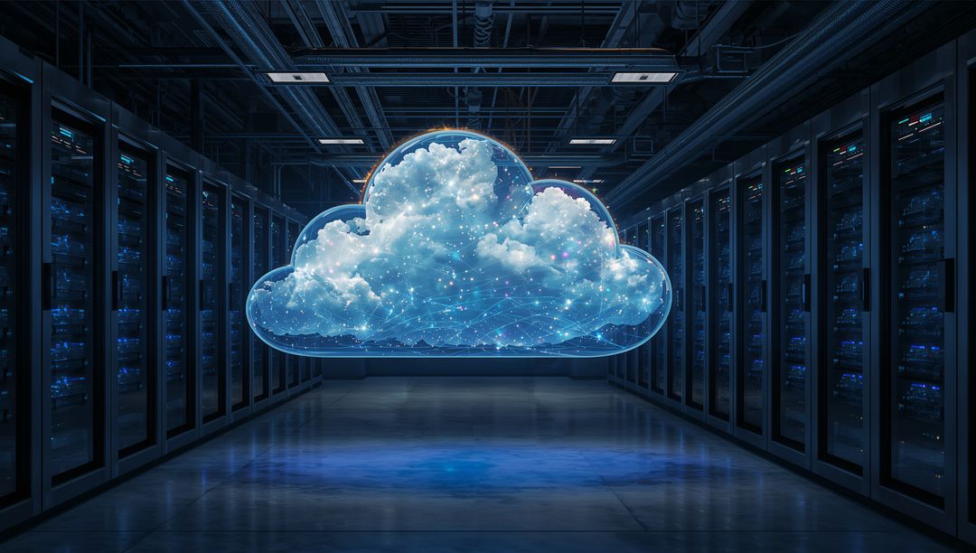 Holographic Cloud Floating Above Data Center Aisle Representing Cloud Infrastructure
