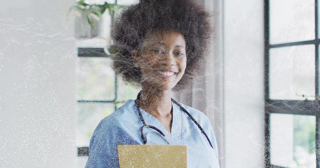 Smiling Nurse in Scrubs Holding Folder in Bright Clinic with Large Windows