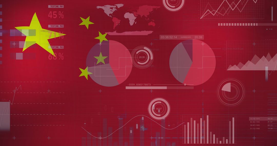 China Flag with Financial Data and Graphs Overlay