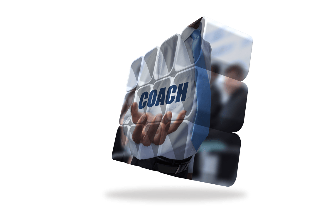 Transparent Abstract Cube Displaying COACH in Businessman's Hand