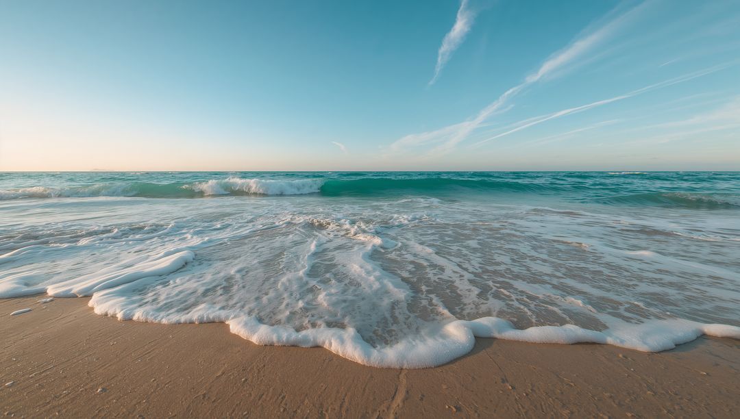 Turquoise Waves Rolling Over Foam-Laced Shoreline on Tranquil Sunlit Beach at Daybreak