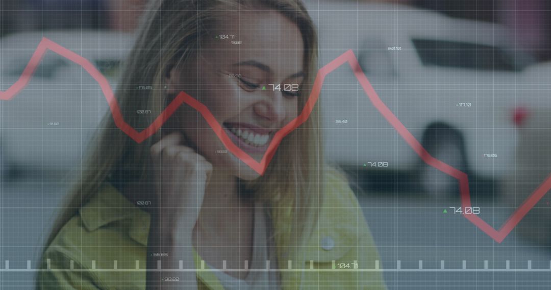 Smiling Woman Engaged with Smartphone Amidst Financial Graph Overlay