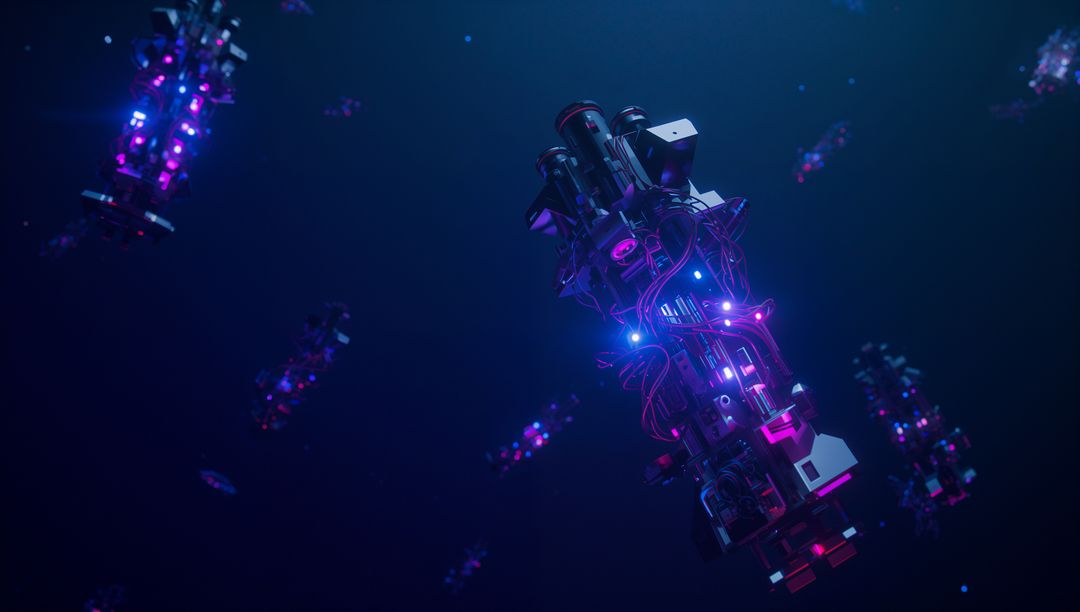 Futuristic Neon-Lit Modules Floating in Space Illustration