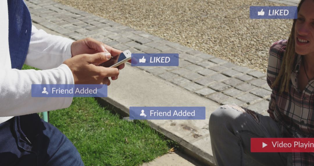 People Using Smartphone With Social Media Icons Overlay