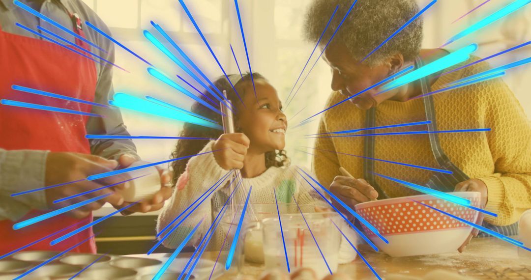 Multigenerational Baking Scene Smiling Granddaughter Whisking Batter at Kitchen Counter