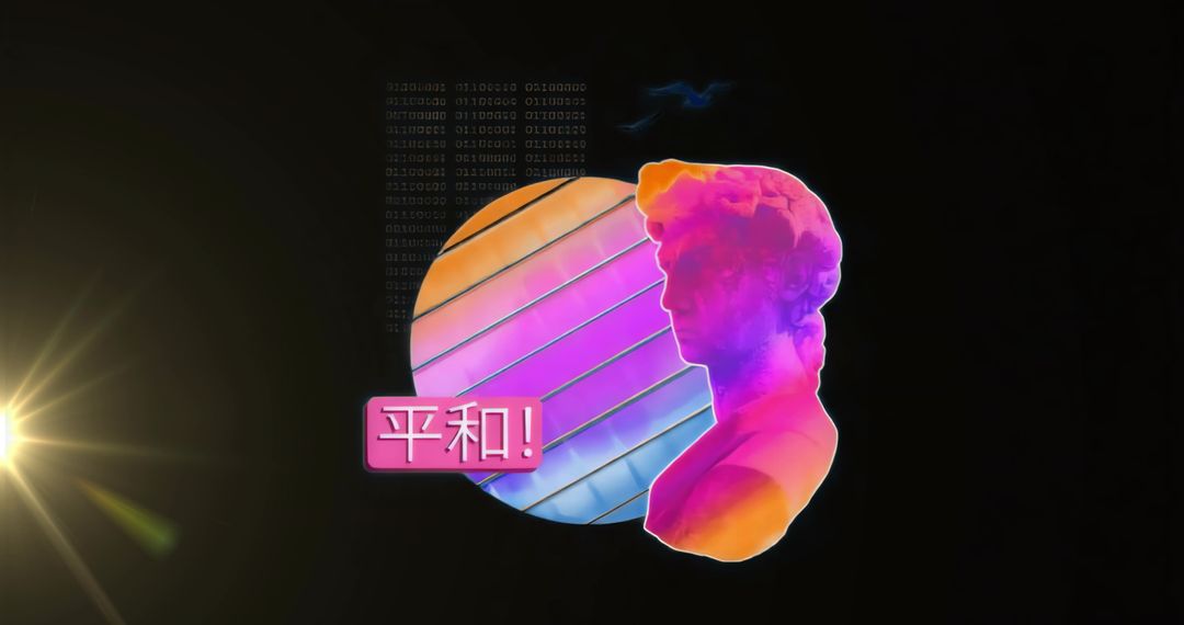 Neon Marble Bust in Futuristic Digital Realm with Binary Code