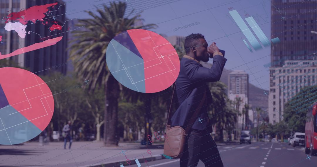 Businessman Walking Amidst Data Visual Charts in Urban Environment