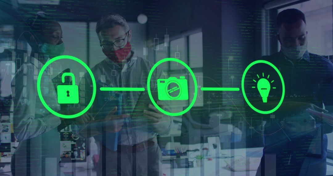 Coworkers Planning with Technology Icons and Digital Flowchart