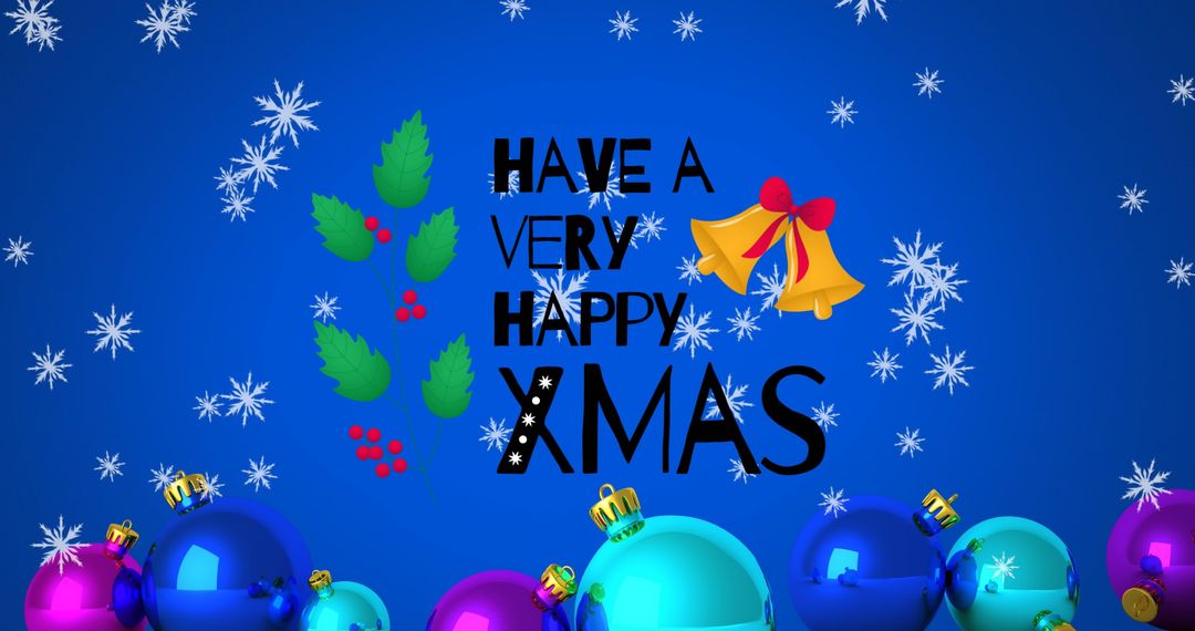 Festive Christmas Greetings with Baubles and Snowflakes on Blue