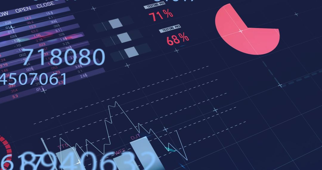 Financial Data Analysis with Digital Charts and Graphs on Dark Background