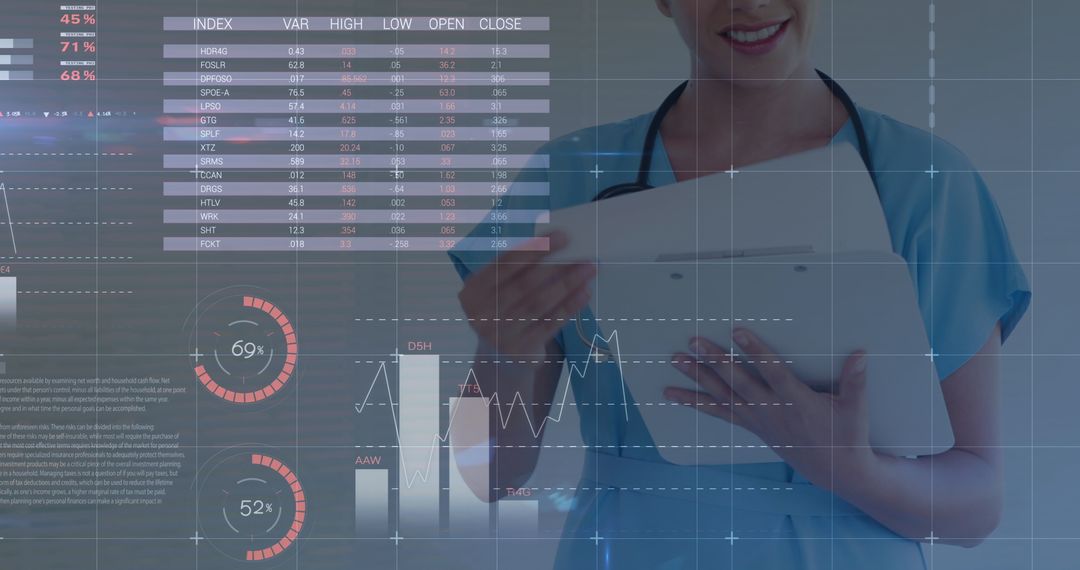 Healthcare Professional Analyzing Data with Digital Technology Overlay