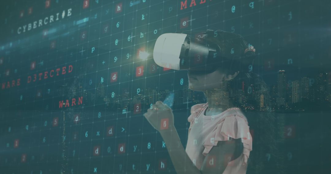 Girl Exploring Virtual Reality with Digital Data Overlay