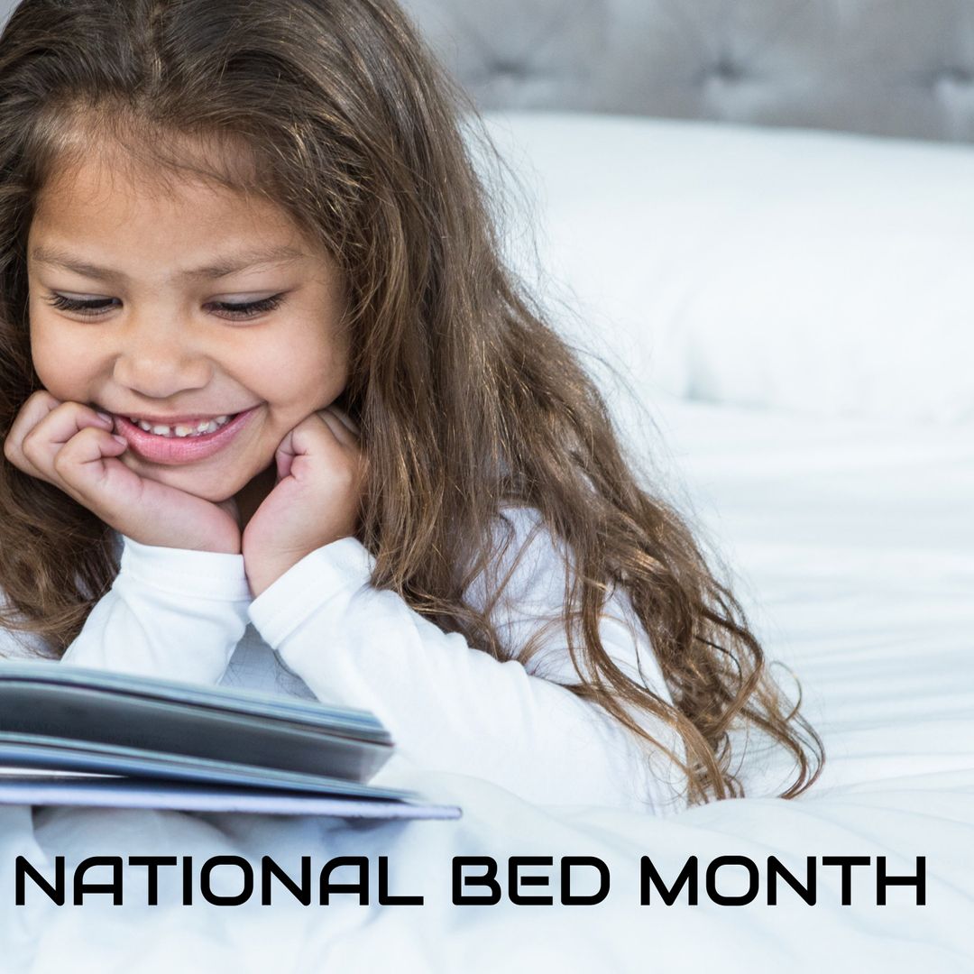 Happy Child Using Tablet in Bed for National Bed Month