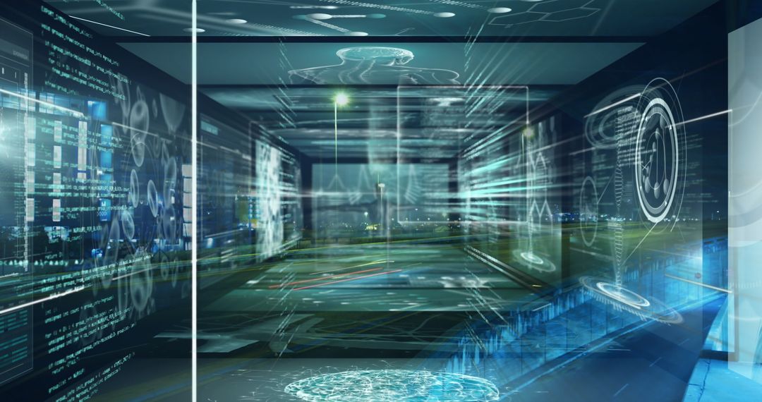 Futuristic Data Interface Overlaying Urban Landscape