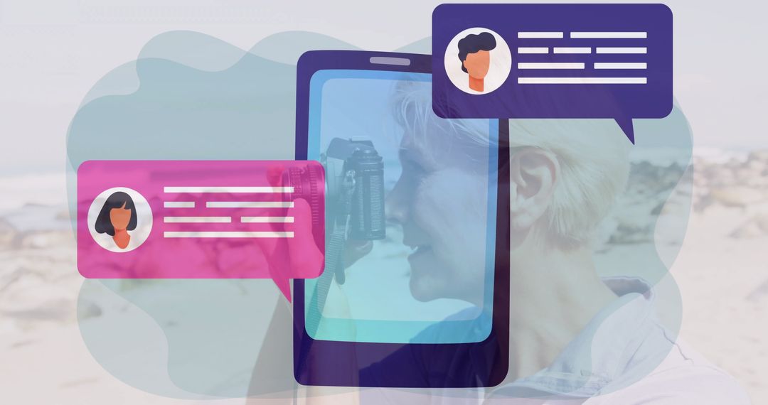 Senior Woman With Camera Exploring Beach CPS Space Messaging Overlay